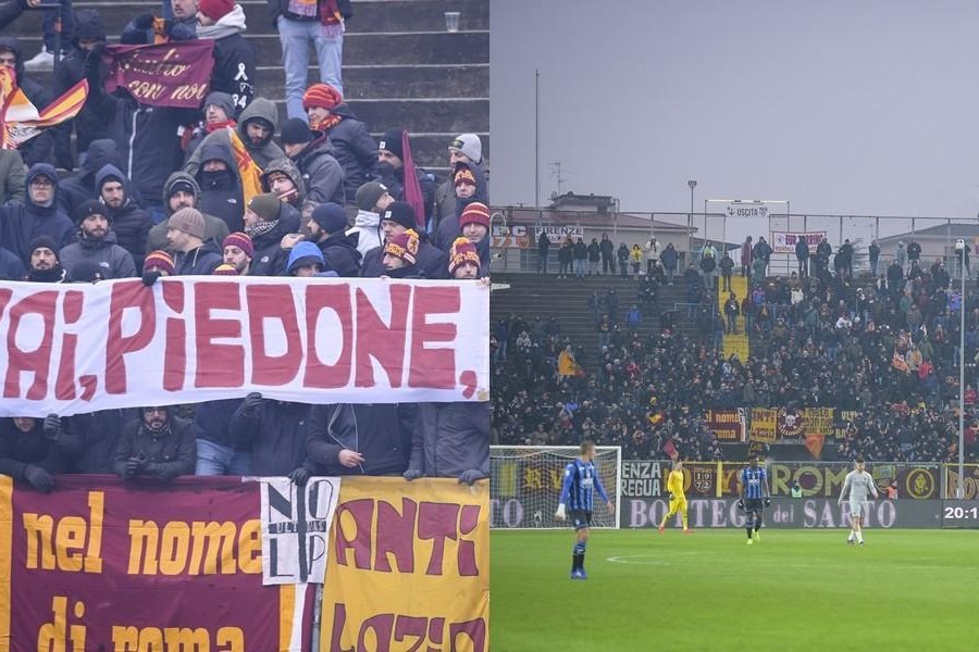 Lo striscione nel settore ospiti romanista, di LaPresse