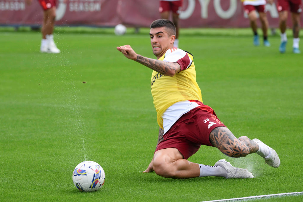 Gianluca Mancini in allenamento questa mattina a Trigoria