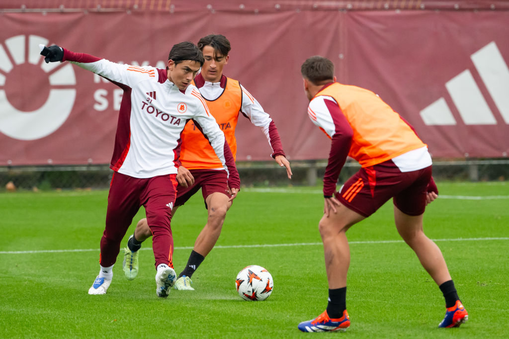 Paulo Dybala durante l'allenamento di questa mattina a Trigoria