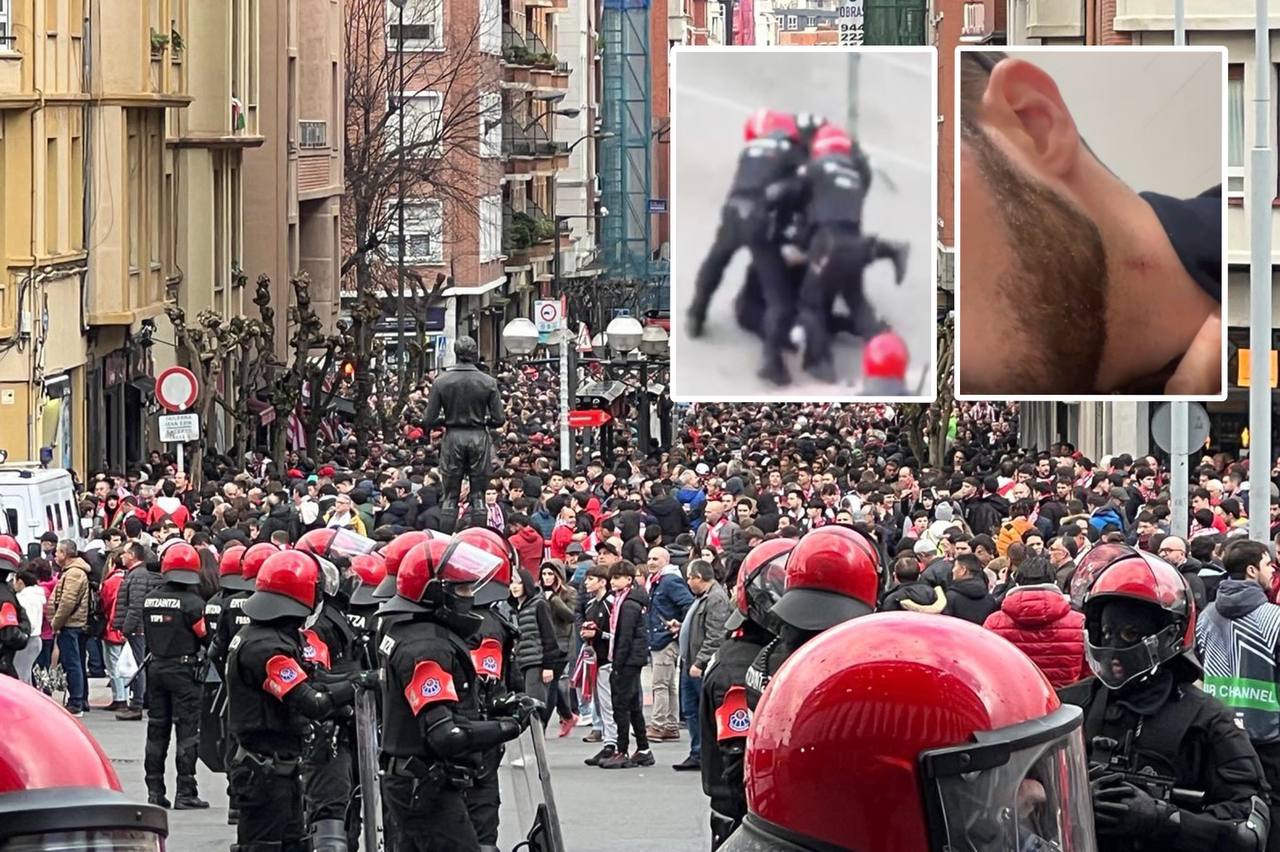 La polizia autonoma basca in strada a Bilbao. Nelle foto piccole: uno screen dal video pubblicato da \